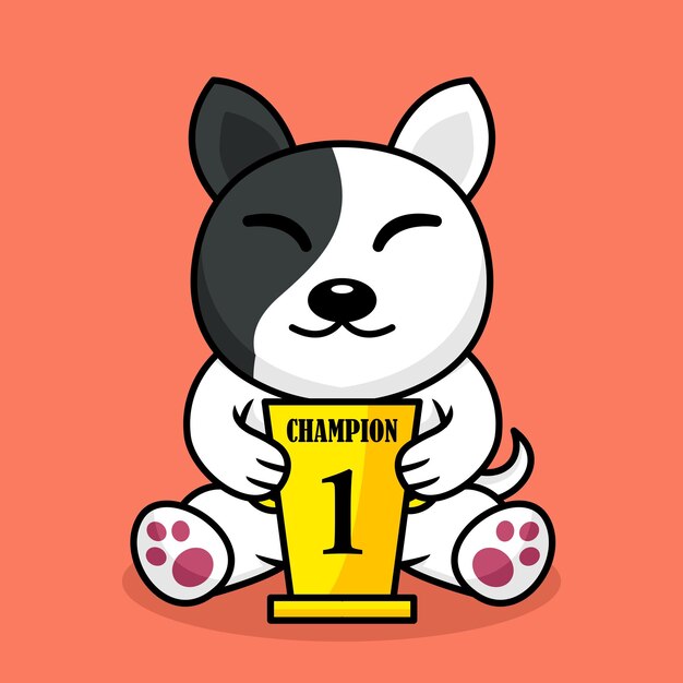 Vectorillustratie van premium schattige hond die de trofee van de 1e plaats draagt