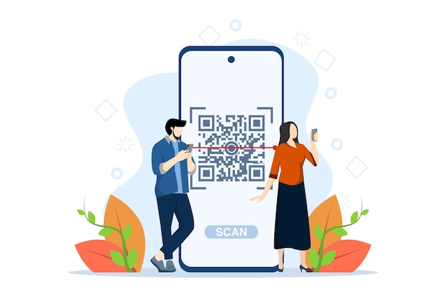 Vector vectorillustratie van qr code scanning concept met karakter dat barcode scant