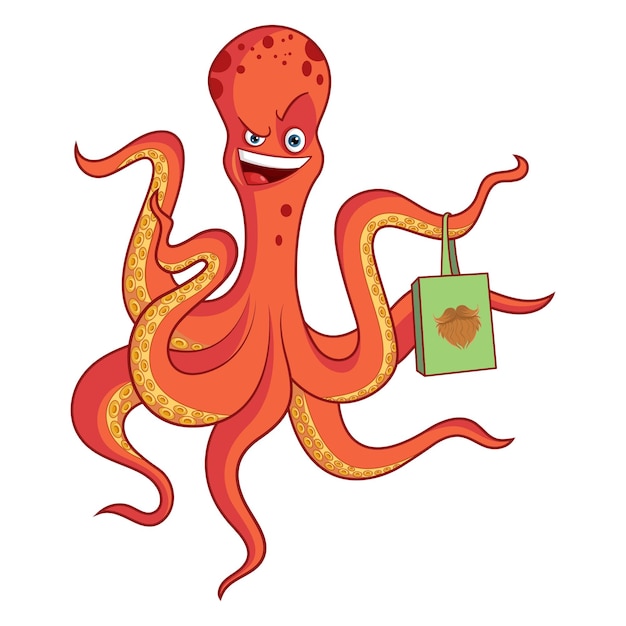 Vectorillustratie van rode cartoon octopus met boodschappentas