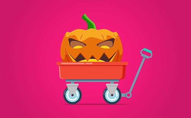 Vectorillustratie van rode kruiwagenwagen met handkarretje en halloween-pompoen die op een rode achtergrond wordt geïsoleerd