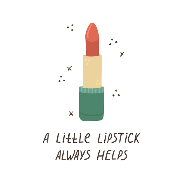 Vectorillustratie van rode lippenstift met belettering een beetje lippenstift helpt altijd