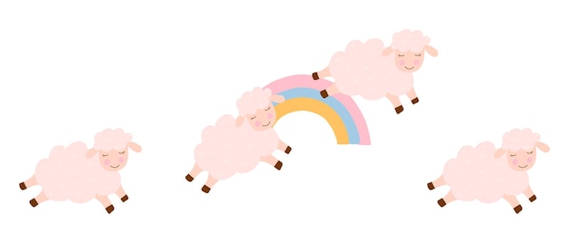Vectorillustratie van schapen springen over de regenboog. Slapeloosheid concept. vector illustratie