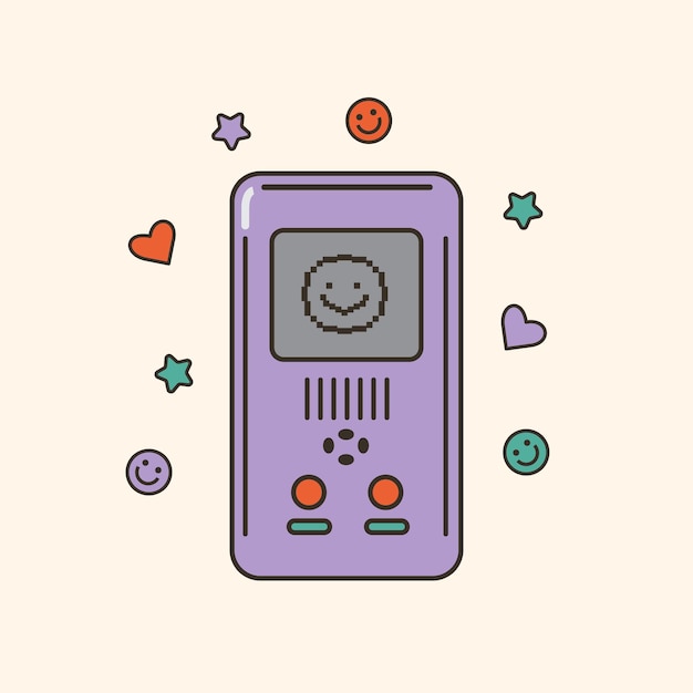 Vector vectorillustratie van schattig 80s 90s elektronisch spel met pixelgezicht cartoon gadget voor kinderen