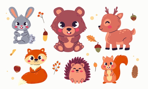 Vectorillustratie van schattige bosdieren, waaronder herten, konijnen, egels, beren, vossen, wasberen en eekhoorns.