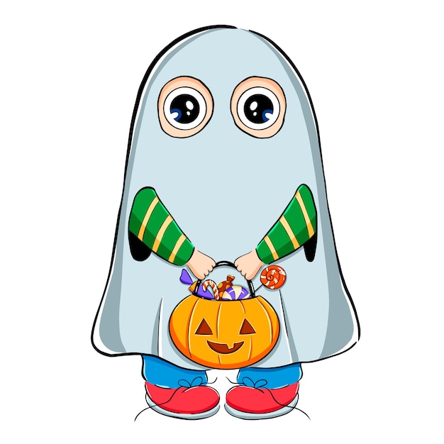 Vector vectorillustratie van schattige cartoon jongen in halloween spook kostuum met snoepjes