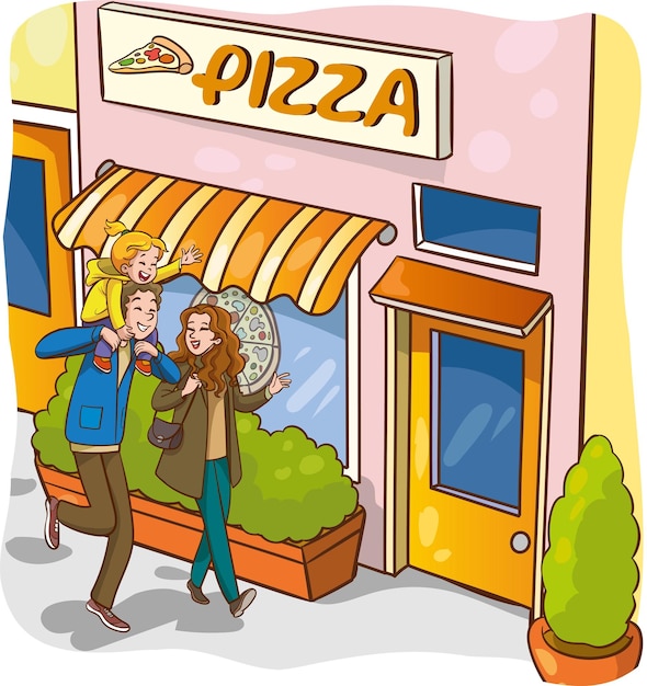 Vector vectorillustratie van schattige en gelukkige familie die pizza gaat eten