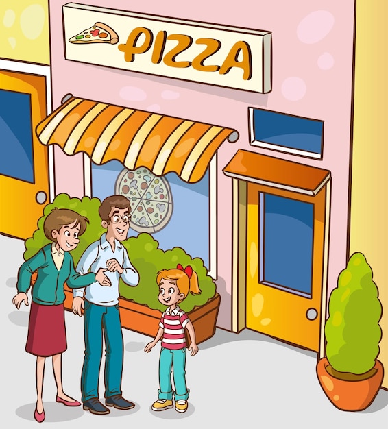 vectorillustratie van schattige en gelukkige familie die pizza gaat eten