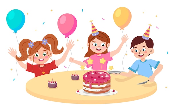 Vectorillustratie van schattige en gelukkige kinderen die verjaardagen vieren Cartoon scène met glimlachende vrolijke jongen en meisje zitten aan de tafel met taart en kleurrijke ballonnen geïsoleerd op witte achtergrond