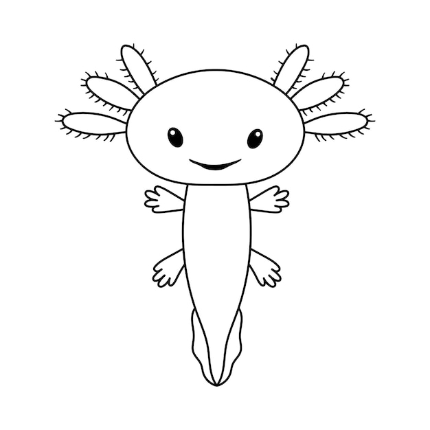 Vectorillustratie van schattige gestileerde axolotl salamander geïsoleerd op wit Baby axolotl glimlach tekening in kaderstijl voor coloring boek