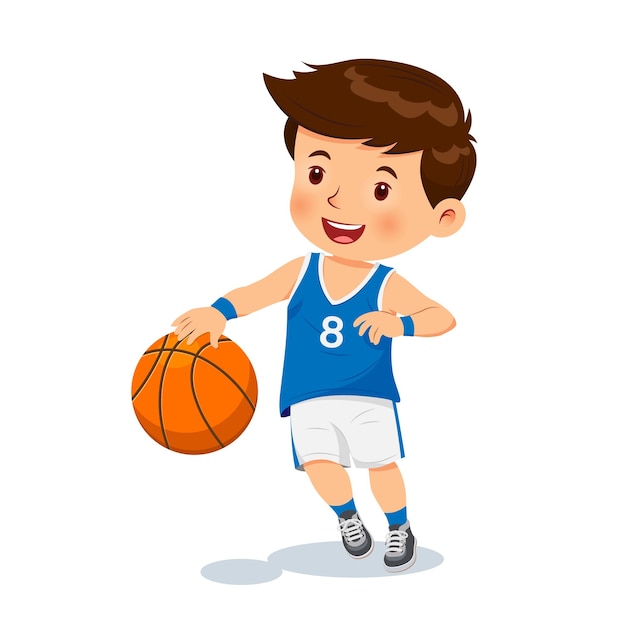 Vectorillustratie van schattige jongen die basketbal speelt op een witte achtergrond