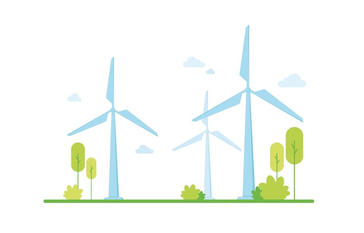 Vector vectorillustratie van schone elektrische energie uit wind uit hernieuwbare bronnen. milieuvriendelijk. groene zone. de natuur beschermen en verzorgen. klimaatsteun