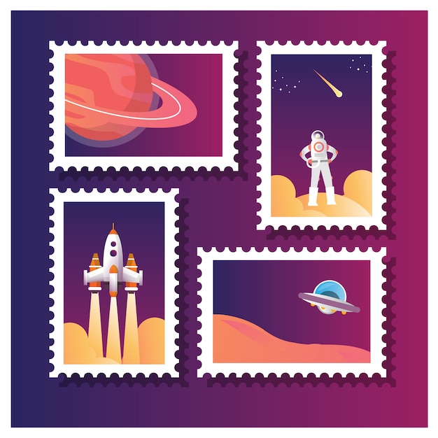 Vectorillustratie van set collectie van postzegel voor astronaut en ander leven in de ruimte