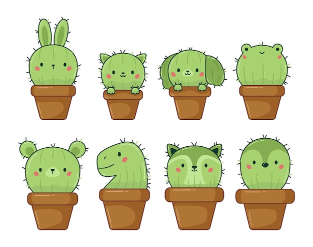 Vectorillustratie van set kawaii cactus in bloempotten