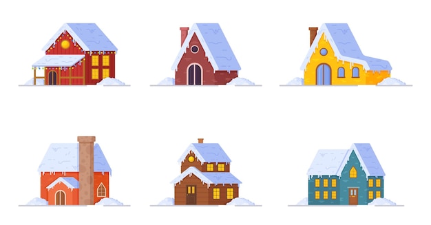 Vectorillustratie van set winterhuis. Set van verschillende huizen in winter- en nieuwjaarsstijl. De eerste sneeuw. Besneeuwde huizen. Het huis van de kerstman.
