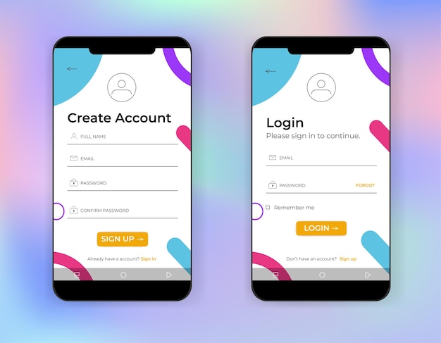 Vectorillustratie van smart phones login of signup applicatie mock up geïsoleerd op gradiënt stijl