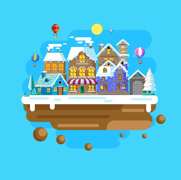 vectorillustratie van stad in de winter met platte ontwerpstijl