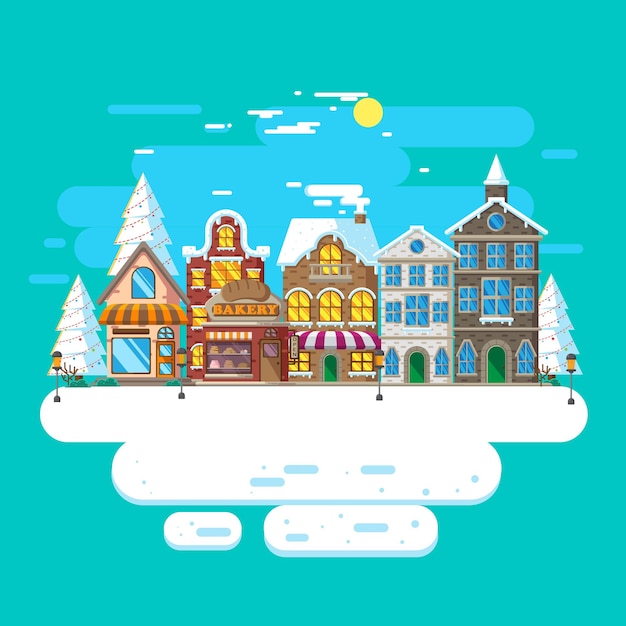 Vectorillustratie van stadslandschap in de winter met plat ontwerp