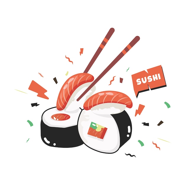 Vectorillustratie van sushi met opgestapelde zalm en eetstokjes