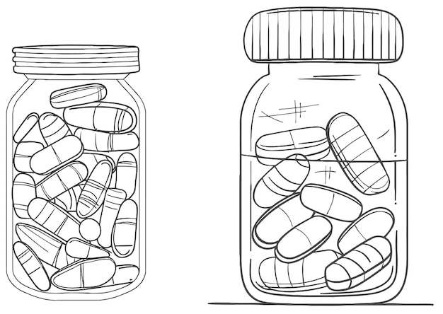 Vector vectorillustratie van tabletten vitaminen en pillen in een plastic pot getekend door één eindeloze lijn