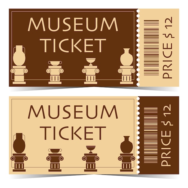 Vectorillustratie van ticket voor toegang tot het historische museum met exposities op het podium