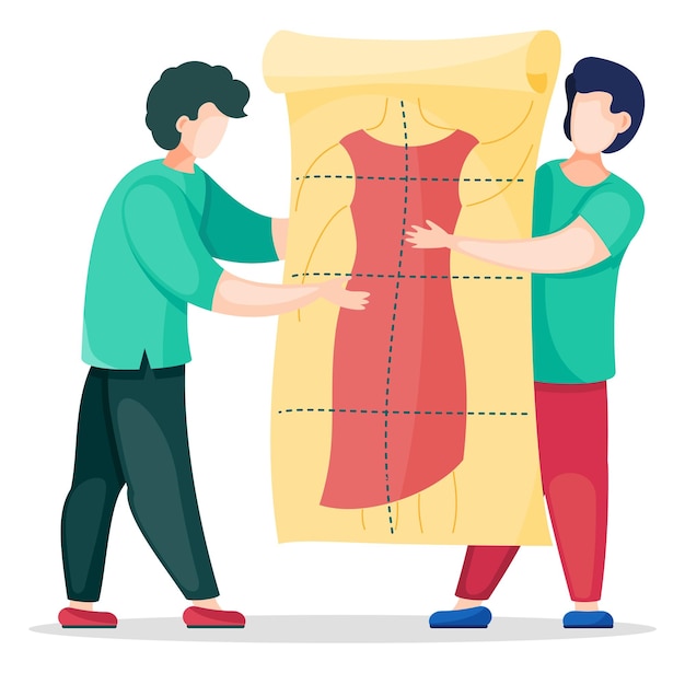 Vectorillustratie van twee mannen naaister kijken jurk patroon ontwerpers in atelier met schets