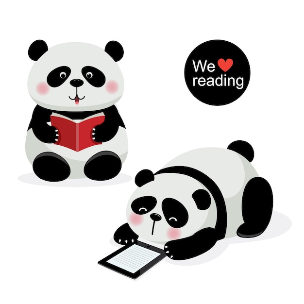 Vectorillustratie van twee schattige panda's met leesconcept