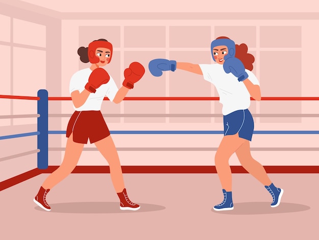 Vectorillustratie van twee vrouwelijke boksers die in een boksring vechten. Vrouwen dragen een beschermende hoofddoek.