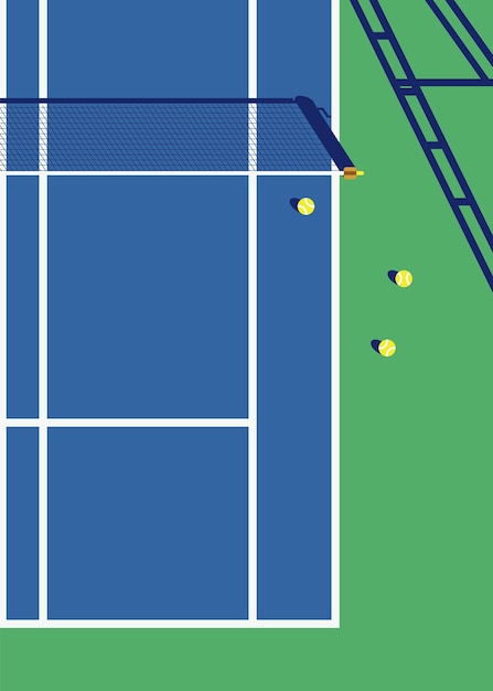 Vectorillustratie van uitzicht op de tennisbaan van bovenaf met schaduw