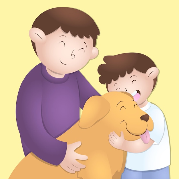 Vectorillustratie van vader en zoon die hun hond knuffelen