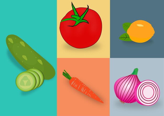 Vectorillustratie van veggie combo van tomaten, ui, komkommer, citroen, wortel