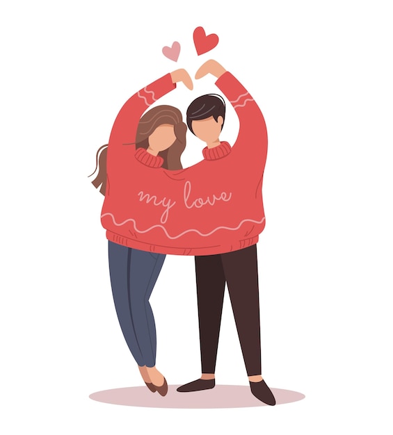 Vectorillustratie van verliefd paar Man en vrouw die één trui voor twee dragen