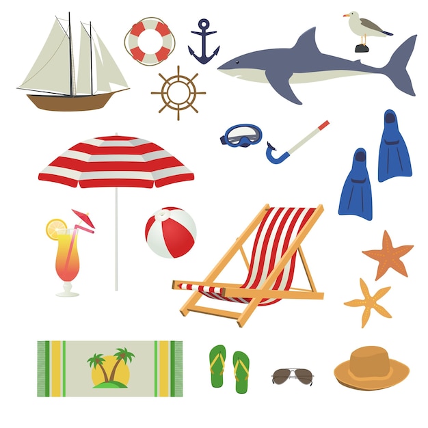 Vectorillustratie van verschillende dingen die nodig zijn in de zomer op het zeestrand