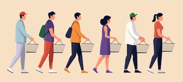 Vectorillustratie van verschillende supermarktklanten die manden dragen
