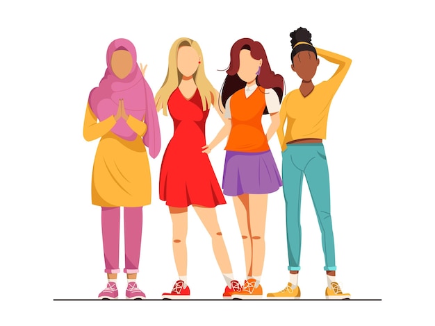 Vector vectorillustratie van verschillende verschillende multi-etnische groep vrouwen diverse vrouwengroep die samen staan woman power