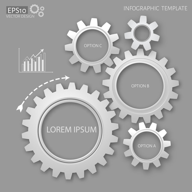 Vectorillustratie van versnellingen met op de grijze achtergrond. Infographic vector sjabloon. 3 opties. Eps10