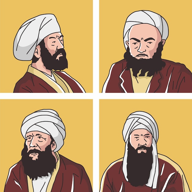 Vectorillustratie van vier imams van jurisprudentie imam abu hanifa imam malik imam shafiee imam ahmad ibn hanbal