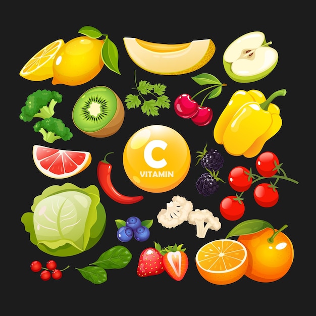 Vectorillustratie van vitamine Cenriched groenten en fruit