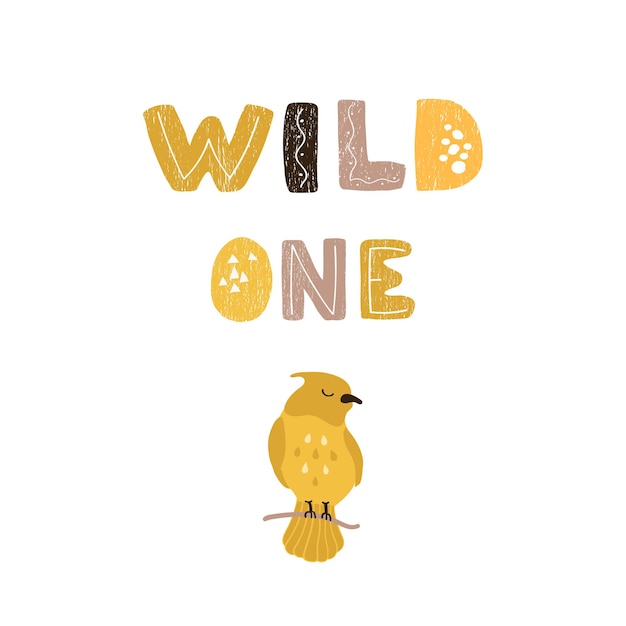 Vectorillustratie van vogels en met de hand getekende letters wild one kleurrijk typografieontwerp