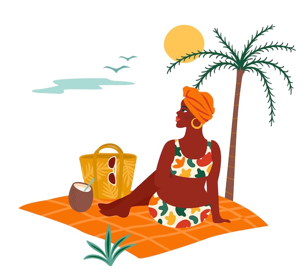 Vectorillustratie van vrouw in zwembroek op tropisch strand zomervakantie vakantie reizen design element