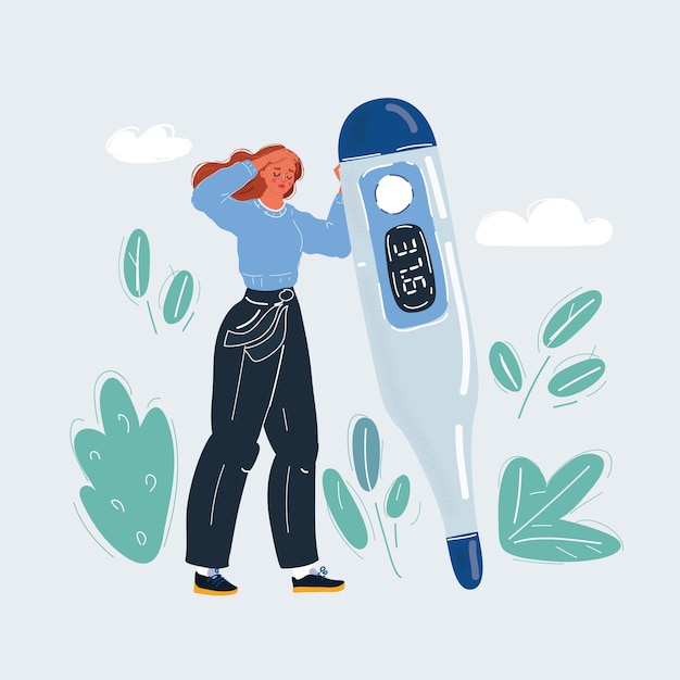 Vectorillustratie van vrouw met grote gigantische thermometer Geneeskunde en gezondheid
