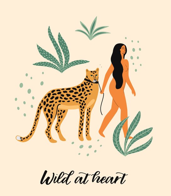 Vectorillustratie van vrouw met leopard.