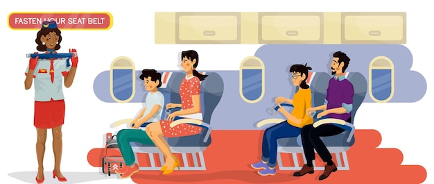 Vectorillustratie van vrouwelijke stewardess die laat zien hoe u uw veiligheidsgordel vastmaakt in een cabine van een vliegtuig