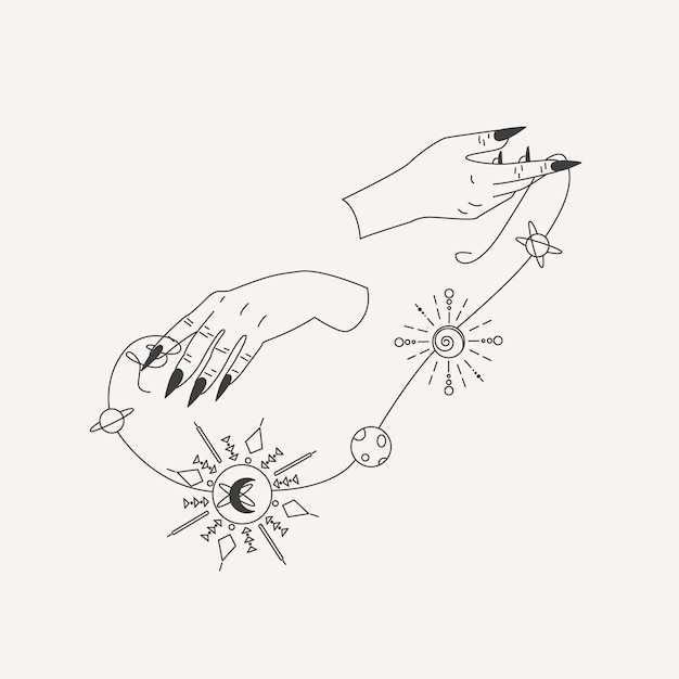 Vector vectorillustratie van vrouwenhanden die planeten houden heksenhanden