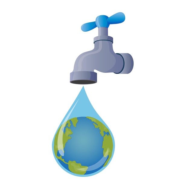 Vectorillustratie van waterkraan met de Earth globe binnen waterdruppel op witte achtergrond