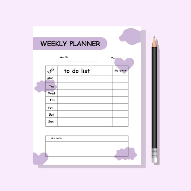 Vectorillustratie van wekelijkse planner pagina Maandelijkse planner in pastel roze kleuren potlood harten velden voor elke dag van de maand schema notities Planning concept Vector lijn pictogram voor Business