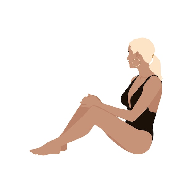 Vector vectorillustratie van zomer schoonheid meisje mode vlakke afbeelding met een vrouw zitten in een zwembroek
