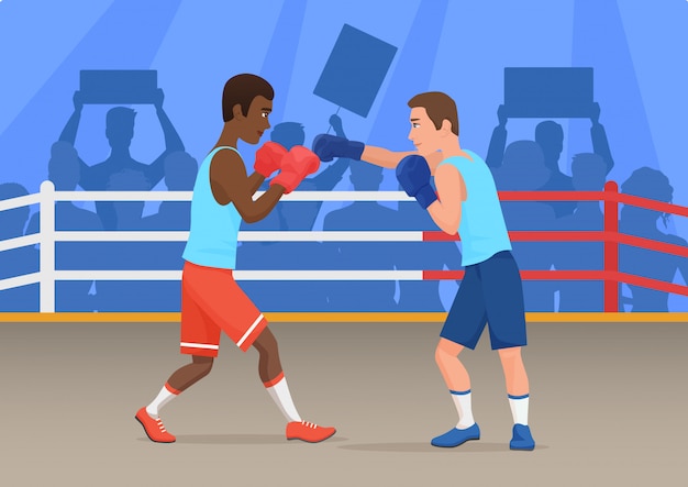 Vectorillustratie van zwarte en witte sportmannen die in ring in dozen doen.