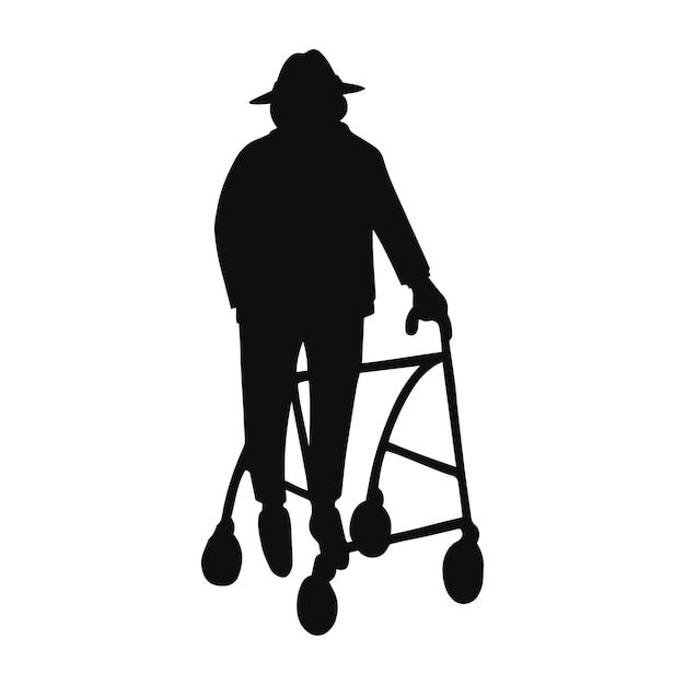 Vectorillustratie van zwarte silhouet oude man lopen met rollator geïsoleerd op een witte achtergrond