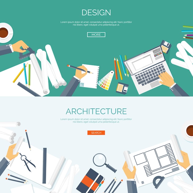 Vectorillustratie vlak architectonisch project teamwerk bouw en planning bouw potlood