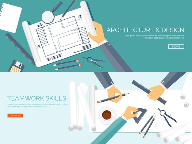 Vectorillustratie vlak architectonisch project teamwerk bouwplanning bouw potlood